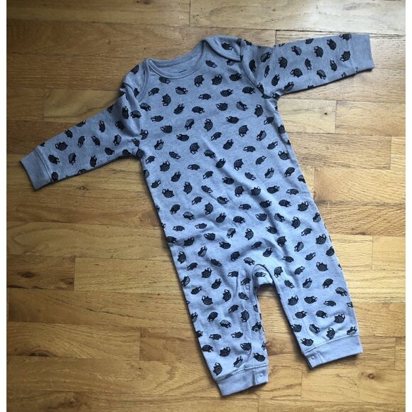 Old Navy 6-12M Grey Heather Badger Romper Nwot - Picture 1 of 6